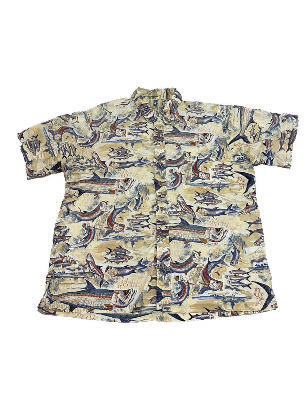 Kahala Men Large Brown Green Fish Theme Hawaiian Shirt Vintage Aloha Button